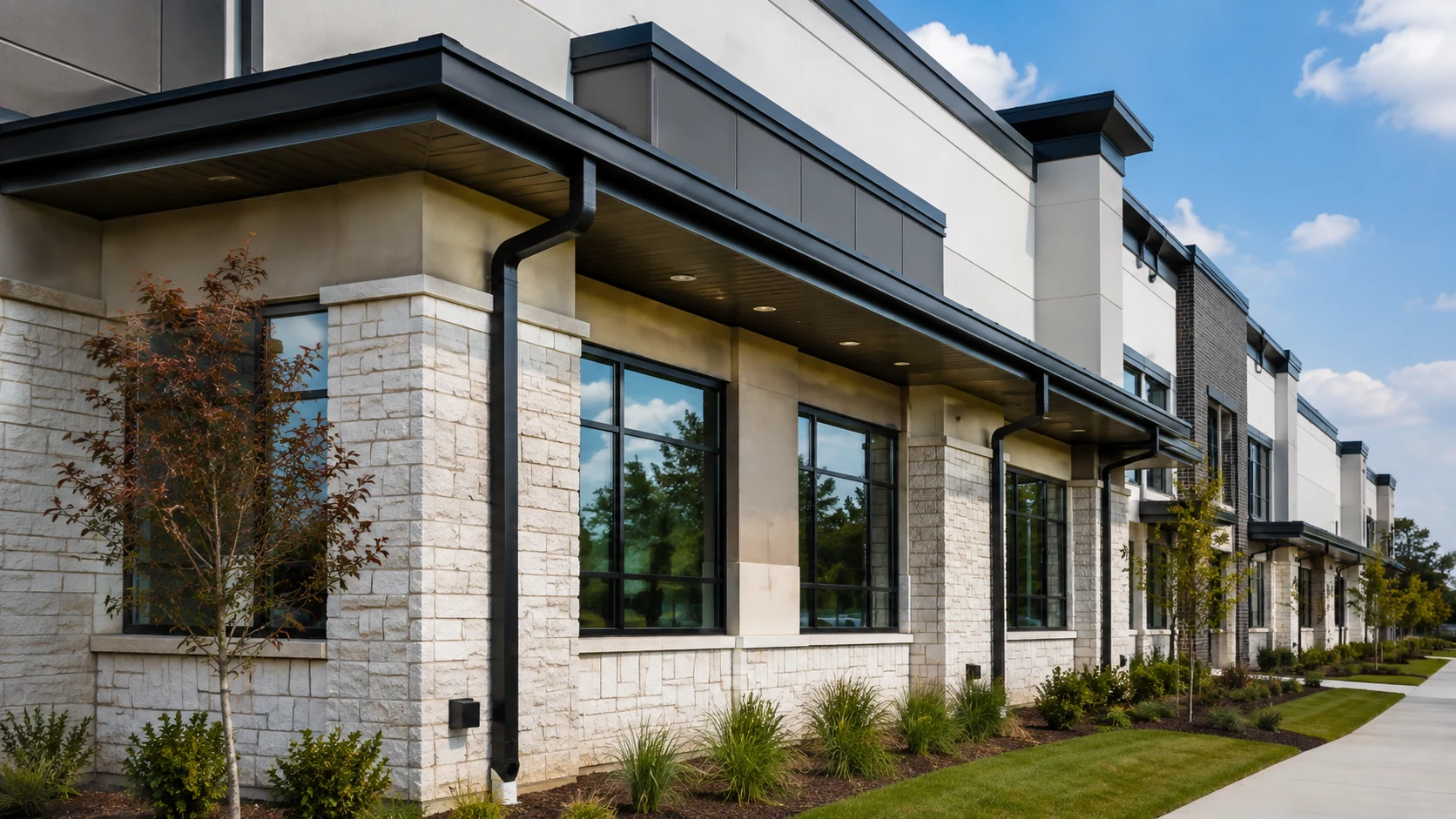 Commercial rain gutter system on a building