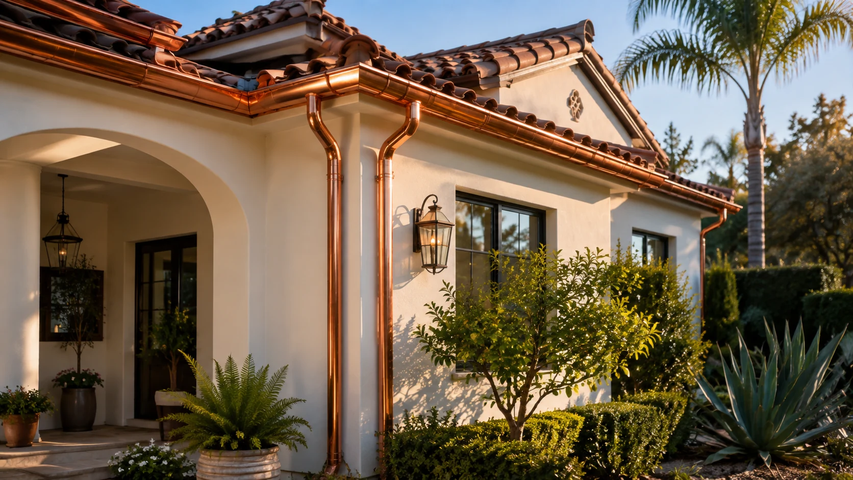 Copper rain gutters adding architectural character to a home