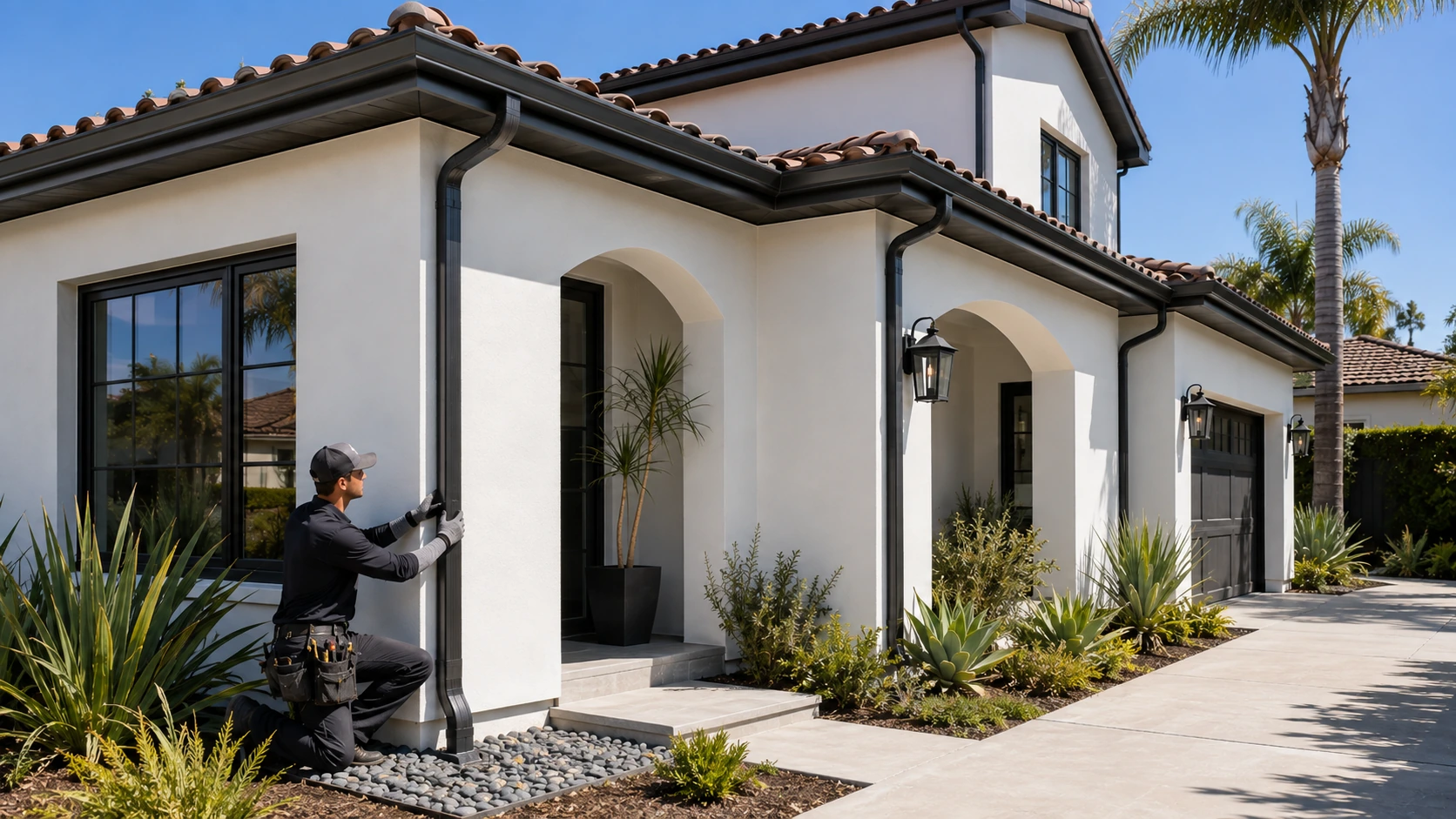 Downspout installed beside a Mediterranean-style Southern California home