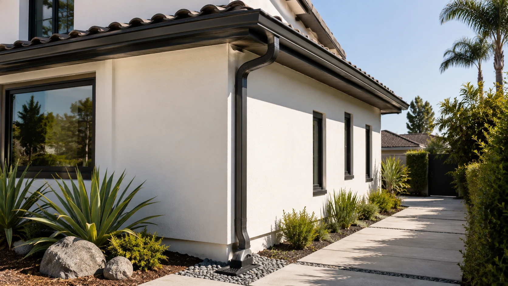 Downspout directing roof water away from the home