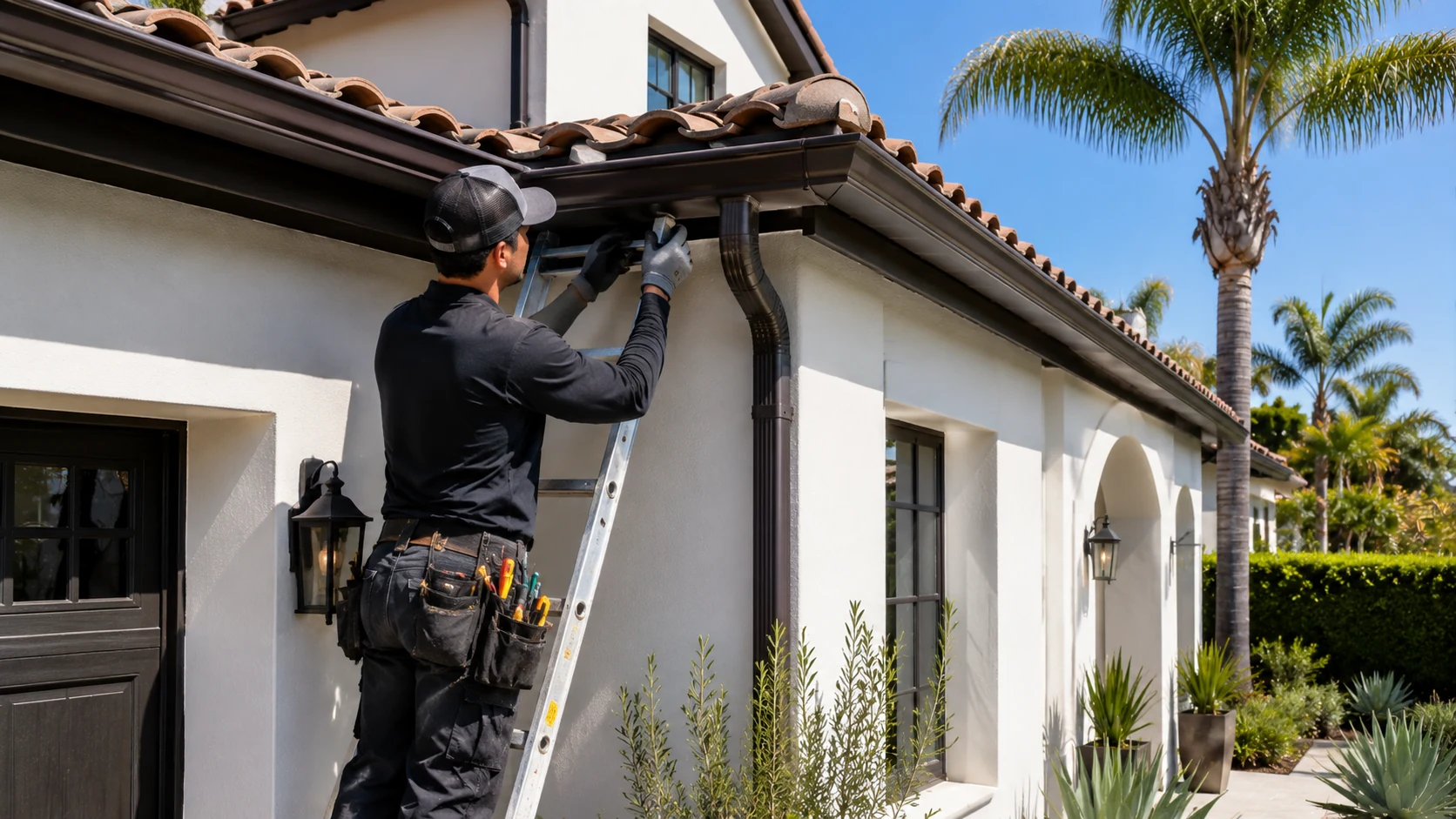Technician repairing an existing rain gutter