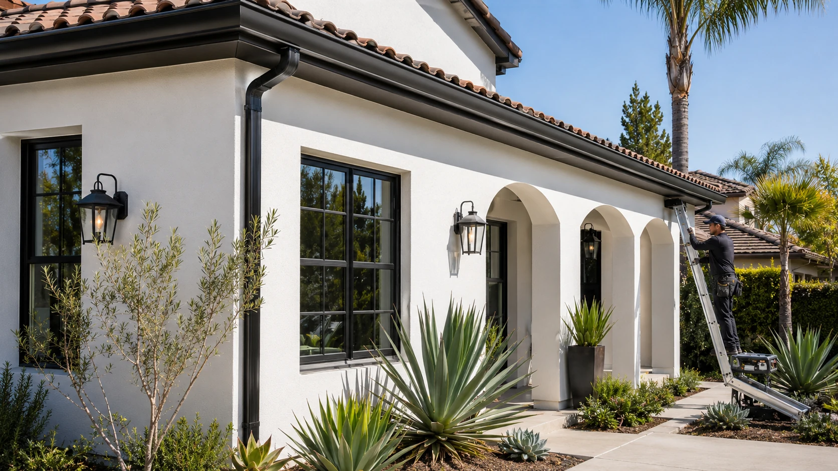 Seamless rain gutters on a tile roof